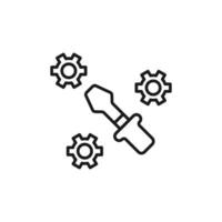 Wrench Surrounded by Gears Isolated Line Icon. Perfect for web sites, apps, UI, internet, shops, stores. Simple image drawn with black thin line vector