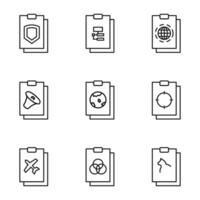 Set of signs for UI, adverts, books drawn in line style. Editable stroke. Icons of shield, coding, globe, megaphone, plane, target, cat on clipboard vector