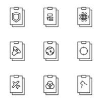 Set of signs for UI, adverts, books drawn in line style. Editable stroke. Icons of shield, coding, globe, megaphone, plane, target, cat on clipboard vector