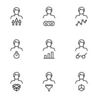 Vector line icon set for web sites, stores, banners, infographic. Signs of arrow, clock, progress line, glasses, timer, funnel, delivery by faceless man