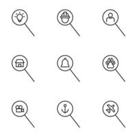 Vector line icon set for web sites, stores, banners, infographic. Signs of lamp, builder, user, house, ring, paw, camera, anchor, plane in loupe