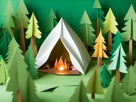 camping tent with tent in the forest. paper cut photo