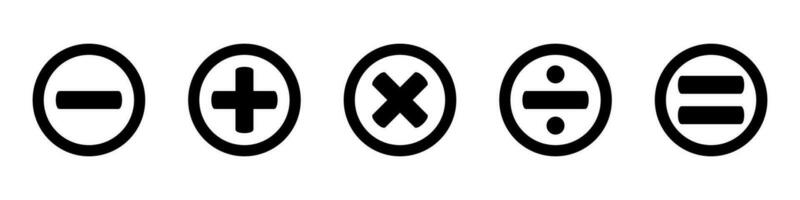 Basic mathematical icon, basic mathematical symbol. Set of mathematical symbols plus, minus, multiplication, division, equals. Isolated vector illustration on a white background.