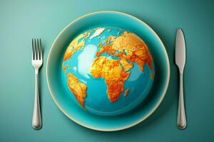 Plate displaying a globe with a fork, set on a blue background AI Generated photo