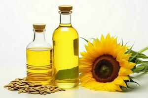 Isolated on white a radiant sunflower oil bottle beside a vibrant sunflower AI Generated photo