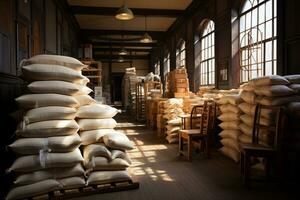A well stocked warehouse holds bags of flour, sugar, and groats  AI Generated photo