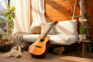 The living room's contemporary coziness enhanced by the presence of a guitar. AI Generated photo