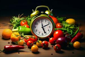 alarma reloj en medio de vibrante Produce simboliza sano viviendo, dieta conciencia, y oportuno opciones ai generado foto