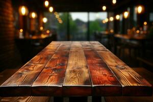 Enhanced by restaurant light blur, wooden table offers mockup display and design versatility AI Generated photo