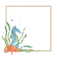 Marine square frame, sand texture with cute seahorse, seaweeds, seashells, red starfish, water bubbles. Watercolor hand drawn illustration for children. For cards. png