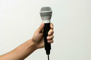 Silence surrounds a raised hand with microphone against a white backdrop. AI Generated photo