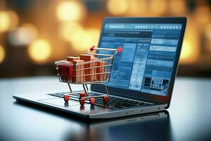 Shopping made digital Laptop, basket, keyboard converge, highlighting e  commerces online presence AI Generated photo