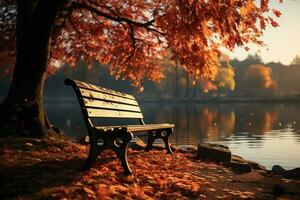 An inviting park bench nestled within the serene beauty of an autumn landscape AI Generated photo