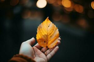 Golden leaf held by a person, nature's artistry embraced with reverence AI Generated photo
