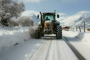 después de la tormenta de nieve escena tractor borra camino, revelando sus camino desde el reciente nevada. ai generado foto