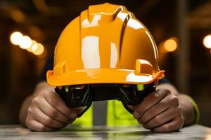 Yellow helmet taken off by builder, front view, with a luminous backdrop AI Generated photo