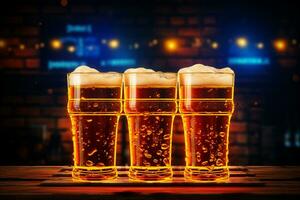 Frothy beer mug gleams on brick, neon-lit, epitomizing hearty pub ambiance. AI Generated photo