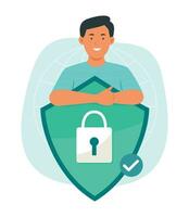 Man and Encryption Cyber Shield with Padlock Symbol for Cyber Security Concept Illustration vector