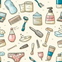 Seamless doodle pattern with outline hygiene and beauty items. vector