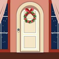 Night Christmas illustration with a door decorated with a pine wreath and windows on the left and right vector