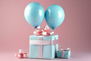 Elegantly adorned Gift box in white, blue ribbon, balloon on pretty pink. AI Generated photo