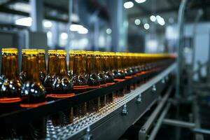Conveyor belts shallow DOF spotlights beer bottles, showcasing manufacturing intricacies with focus AI Generated photo
