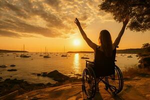 puesta de sol a mar marcos silueta de mujer en silla de ruedas con elevado brazos ai generado foto