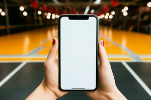 Overhead view of a young woman displaying a blank screen on her phone AI Generated photo