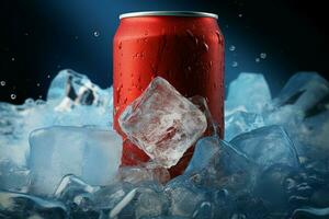 Cold beverage in a can, accompanied by frosty ice cubes, promises summer refreshment AI Generated photo