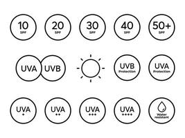 grande spf línea icono vector colocar. Dom proteccion símbolos para bloqueador solar o protector solar productos colección de uv índice para cosmético embalaje