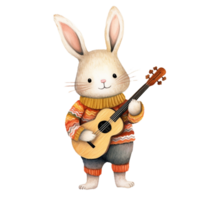 Cute Rabbit playing guitar,watercolor style,Autumn season.Created with Generative AI technology. png