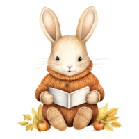 Cute Rabbit reading a book,watercolor style,Autumn season.Created with Generative AI technology. png
