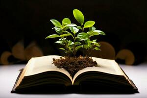 paginas de un libro volverse el fértil suelo para un próspero verde planta ai generado foto