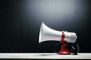 A table displays a megaphone, microphone, and a banner with ample copy space. AI Generated photo