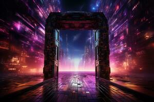 Cyber doorway Neon background with binary code entering an open portal AI Generated photo