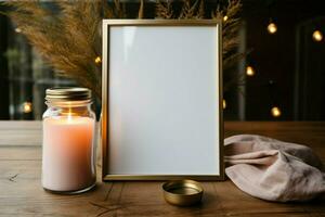 Vacant picture frame next to a glass jar with a flickering candle AI Generated photo