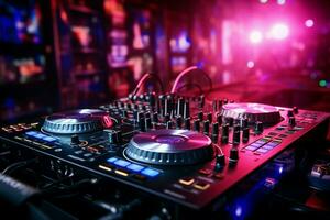 Pink DJ headphones, turntables, and a sound mixer ignite the nightclub. AI Generated photo