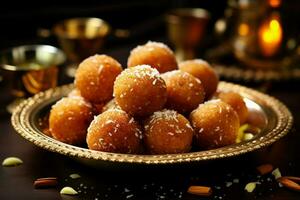 Traditional charm Motichoor ladoo, a classic Indian sweet, embodies nostalgic flavors AI Generated photo