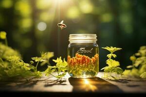 From glass jar, bee soars into leafy scene, lens flare enhances ethereal ambiance AI Generated photo