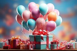 Artful arrangement flying balloons and gift box unite in a colorful composition AI Generated photo