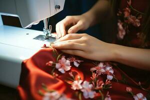 Moda creatividad floraciones como un mujeres manos, con rojo manicura, coser diligentemente ai generado foto