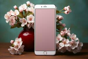 teléfono con un blanco pantalla, Perfecto para agregando tu primavera decoración ai generado foto