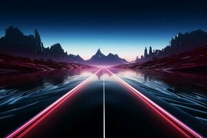 Glowing neon lines add intrigue to a dark road in vivid 3D rendering AI Generated photo