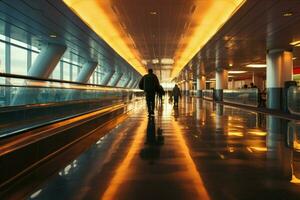 ocupado aeropuerto escena dos Moviente pasarelas llevar personas adelante en un difuminar ai generado foto