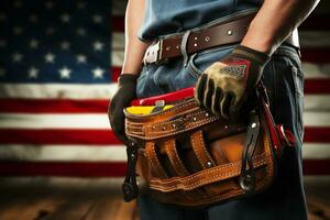 Labor Day mockup Gloved laborer, toolbelt, measure on US flag backdrop exudes dedication AI Generated photo