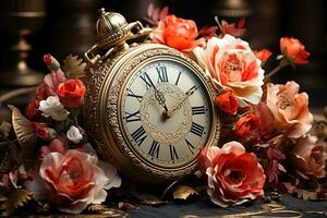 Clock and Ranunculus centerpiece turn back time in charming setting AI Generated photo