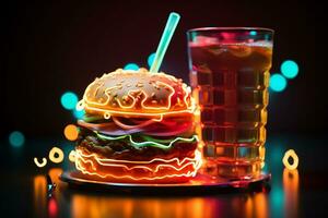 Neon burger and drink cup illuminate message frame, symbolizing delectable cravings. AI Generated photo