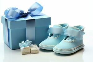 Adorable baby presents include bootees, a blank postcard, and a pacifier AI Generated photo