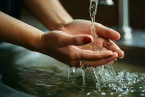 Unrecognizable womans hands in a close up, promoting cleanliness through handwashing AI Generated photo