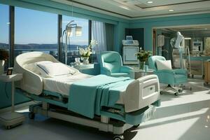 Serene hospital recovery room, furnished with beds for patients post-treatment rest AI Generated photo